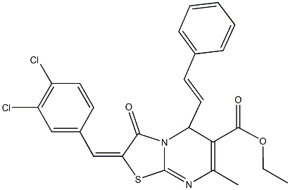 ethyl 2-(3,4-dichlorobenzylidene)-7-methyl-3-oxo-5-(2-phenylvinyl)-2,3-dihydro-5H-[1,3]thiazolo[3,2-a]pyrimidine-6-carboxylate 结构式