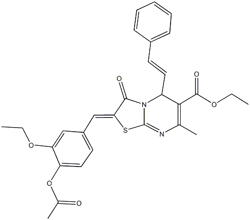 ethyl 2-[4-(acetyloxy)-3-ethoxybenzylidene]-7-methyl-3-oxo-5-(2-phenylvinyl)-2,3-dihydro-5H-[1,3]thiazolo[3,2-a]pyrimidine-6-carboxylate 结构式