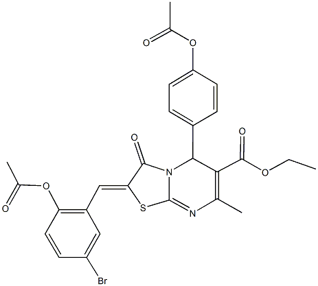 ethyl 2-[2-(acetyloxy)-5-bromobenzylidene]-5-[4-(acetyloxy)phenyl]-7-methyl-3-oxo-2,3-dihydro-5H-[1,3]thiazolo[3,2-a]pyrimidine-6-carboxylate 结构式