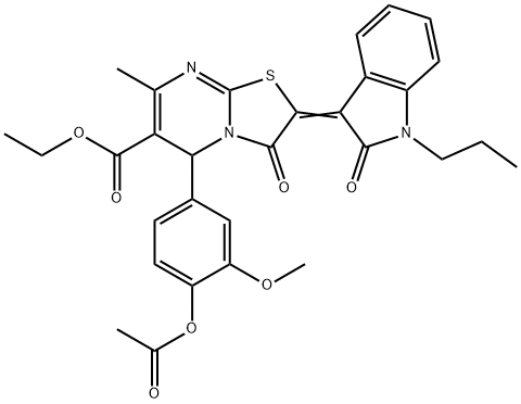 ethyl 5-[4-(acetyloxy)-3-methoxyphenyl]-7-methyl-3-oxo-2-(2-oxo-1-propyl-1,2-dihydro-3H-indol-3-ylidene)-2,3-dihydro-5H-[1,3]thiazolo[3,2-a]pyrimidine-6-carboxylate 结构式