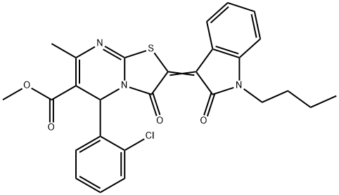 methyl 2-(1-butyl-2-oxo-1,2-dihydro-3H-indol-3-ylidene)-5-(2-chlorophenyl)-7-methyl-3-oxo-2,3-dihydro-5H-[1,3]thiazolo[3,2-a]pyrimidine-6-carboxylate 结构式