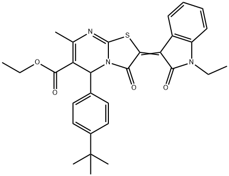 ethyl 5-(4-tert-butylphenyl)-2-(1-ethyl-2-oxo-1,2-dihydro-3H-indol-3-ylidene)-7-methyl-3-oxo-2,3-dihydro-5H-[1,3]thiazolo[3,2-a]pyrimidine-6-carboxylate 结构式