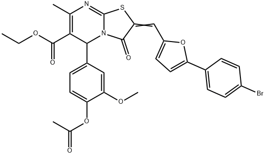 ethyl 5-[4-(acetyloxy)-3-methoxyphenyl]-2-{[5-(4-bromophenyl)-2-furyl]methylene}-7-methyl-3-oxo-2,3-dihydro-5H-[1,3]thiazolo[3,2-a]pyrimidine-6-carboxylate 结构式