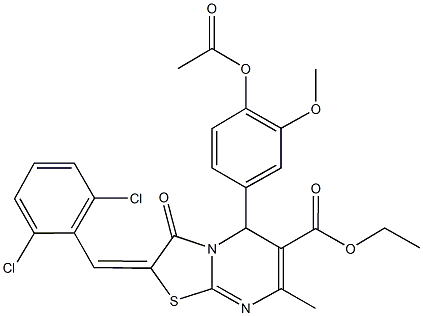 ethyl 5-[4-(acetyloxy)-3-methoxyphenyl]-2-(2,6-dichlorobenzylidene)-7-methyl-3-oxo-2,3-dihydro-5H-[1,3]thiazolo[3,2-a]pyrimidine-6-carboxylate 结构式