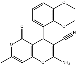 2-amino-4-(2,3-dimethoxyphenyl)-7-methyl-5-oxo-4H,5H-pyrano[4,3-b]pyran-3-carbonitrile 结构式