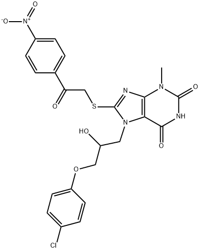 7-[3-(4-chlorophenoxy)-2-hydroxypropyl]-8-[(2-{4-nitrophenyl}-2-oxoethyl)sulfanyl]-3-methyl-3,7-dihydro-1H-purine-2,6-dione 结构式