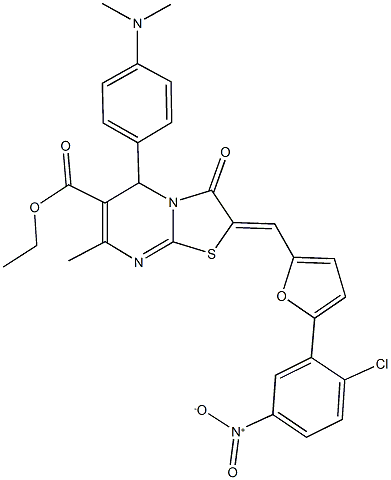 ethyl 2-[(5-{2-chloro-5-nitrophenyl}-2-furyl)methylene]-5-[4-(dimethylamino)phenyl]-7-methyl-3-oxo-2,3-dihydro-5H-[1,3]thiazolo[3,2-a]pyrimidine-6-carboxylate 结构式