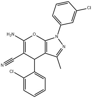6-amino-4-(2-chlorophenyl)-1-(3-chlorophenyl)-3-methyl-1,4-dihydropyrano[2,3-c]pyrazole-5-carbonitrile 结构式