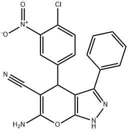 6-amino-4-(4-chloro-3-nitrophenyl)-3-phenyl-1,4-dihydropyrano[2,3-c]pyrazole-5-carbonitrile 结构式