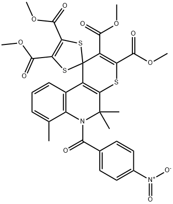 tetramethyl 5',5',7'-trimethyl-6'-(4-nitrobenzoyl)-5',6'-dihydrospiro[1,3-dithiole-2,1'-(1'H)-thiopyrano[2,3-c]quinoline]-2',3',4,5-tetracarboxylate 结构式