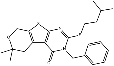 3-benzyl-2-(isopentylsulfanyl)-6,6-dimethyl-3,5,6,8-tetrahydro-4H-pyrano[4',3':4,5]thieno[2,3-d]pyrimidin-4-one 结构式