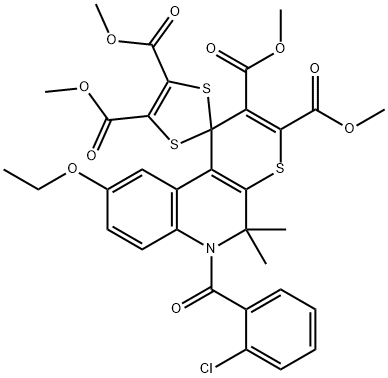 tetramethyl 6-(2-chlorobenzoyl)-9-ethoxy-5,5-dimethyl-5,6-dihydrospiro(1H-thiopyrano[2,3-c]quinoline-1,2'-[1,3]-dithiole)-2,3,4',5'-tetracarboxylate 结构式