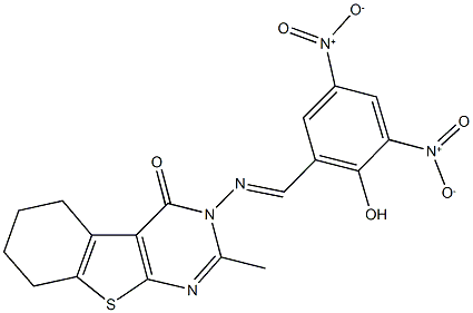 3-({2-hydroxy-3,5-bisnitrobenzylidene}amino)-2-methyl-5,6,7,8-tetrahydro[1]benzothieno[2,3-d]pyrimidin-4(3H)-one 结构式