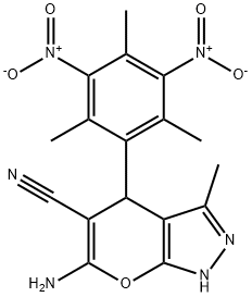 6-amino-4-{3,5-bisnitro-2,4,6-trimethylphenyl}-3-methyl-1,4-dihydropyrano[2,3-c]pyrazole-5-carbonitrile 结构式