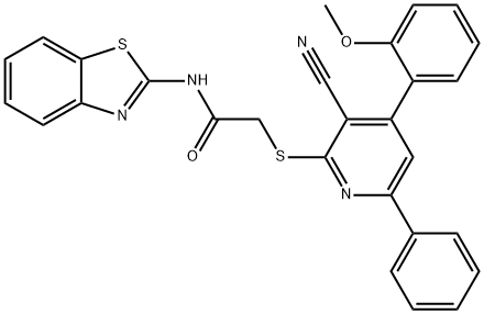 N-(1,3-benzothiazol-2-yl)-2-{[3-cyano-4-(2-methoxyphenyl)-6-phenyl-2-pyridinyl]sulfanyl}acetamide 结构式