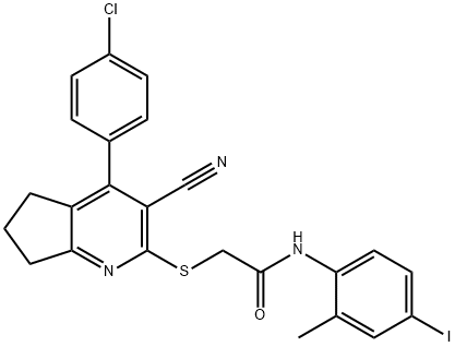 2-{[4-(4-chlorophenyl)-3-cyano-6,7-dihydro-5H-cyclopenta[b]pyridin-2-yl]sulfanyl}-N-(4-iodo-2-methylphenyl)acetamide 结构式