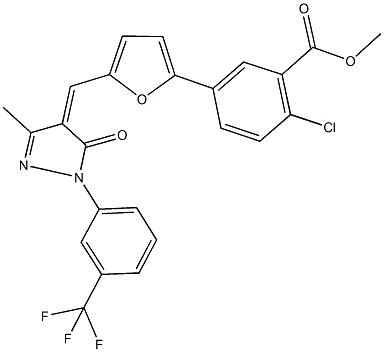 methyl 2-chloro-5-[5-({3-methyl-5-oxo-1-[3-(trifluoromethyl)phenyl]-1,5-dihydro-4H-pyrazol-4-ylidene}methyl)-2-furyl]benzoate 结构式