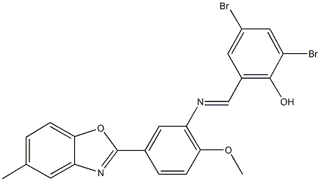 2,4-dibromo-6-({[2-methoxy-5-(5-methyl-1,3-benzoxazol-2-yl)phenyl]imino}methyl)phenol 结构式