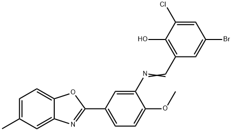 4-bromo-2-chloro-6-({[2-methoxy-5-(5-methyl-1,3-benzoxazol-2-yl)phenyl]imino}methyl)phenol 结构式