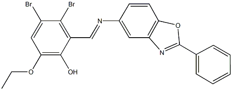 3,4-dibromo-6-ethoxy-2-{[(2-phenyl-1,3-benzoxazol-5-yl)imino]methyl}phenol 结构式