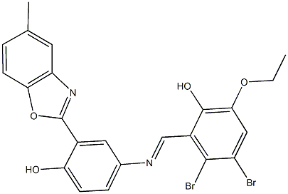 3,4-dibromo-6-ethoxy-2-({[4-hydroxy-3-(5-methyl-1,3-benzoxazol-2-yl)phenyl]imino}methyl)phenol 结构式