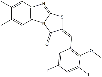 2-(3,5-diiodo-2-methoxybenzylidene)-6,7-dimethyl[1,3]thiazolo[3,2-a]benzimidazol-3(2H)-one 结构式