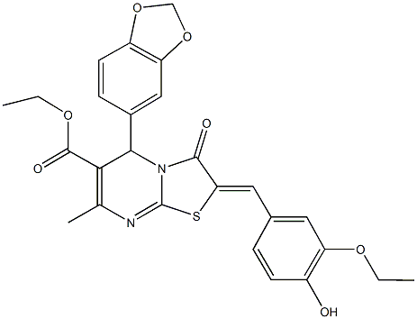ethyl 5-(1,3-benzodioxol-5-yl)-2-(3-ethoxy-4-hydroxybenzylidene)-7-methyl-3-oxo-2,3-dihydro-5H-[1,3]thiazolo[3,2-a]pyrimidine-6-carboxylate 结构式