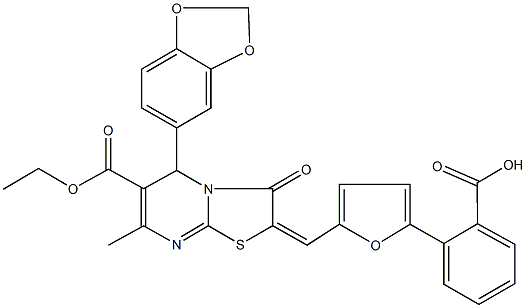 2-{5-[(5-(1,3-benzodioxol-5-yl)-6-(ethoxycarbonyl)-7-methyl-3-oxo-5H-[1,3]thiazolo[3,2-a]pyrimidin-2(3H)-ylidene)methyl]-2-furyl}benzoic acid 结构式