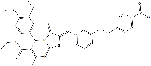 ethyl 5-(3,4-dimethoxyphenyl)-2-[3-({4-nitrobenzyl}oxy)benzylidene]-7-methyl-3-oxo-2,3-dihydro-5H-[1,3]thiazolo[3,2-a]pyrimidine-6-carboxylate 结构式