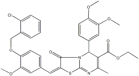 ethyl 2-{4-[(2-chlorobenzyl)oxy]-3-methoxybenzylidene}-5-(3,4-dimethoxyphenyl)-7-methyl-3-oxo-2,3-dihydro-5H-[1,3]thiazolo[3,2-a]pyrimidine-6-carboxylate 结构式