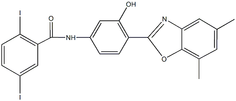 N-[4-(5,7-dimethyl-1,3-benzoxazol-2-yl)-3-hydroxyphenyl]-2,5-diiodobenzamide 结构式