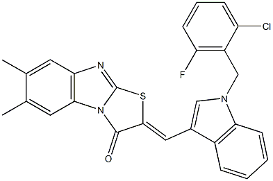 2-{[1-(2-chloro-6-fluorobenzyl)-1H-indol-3-yl]methylene}-6,7-dimethyl[1,3]thiazolo[3,2-a]benzimidazol-3(2H)-one 结构式