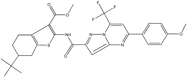 methyl 6-tert-butyl-2-({[5-(4-methoxyphenyl)-7-(trifluoromethyl)pyrazolo[1,5-a]pyrimidin-2-yl]carbonyl}amino)-4,5,6,7-tetrahydro-1-benzothiophene-3-carboxylate 结构式