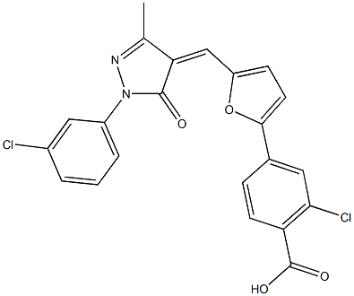 2-chloro-4-(5-{[1-(3-chlorophenyl)-3-methyl-5-oxo-1,5-dihydro-4H-pyrazol-4-ylidene]methyl}-2-furyl)benzoic acid 结构式