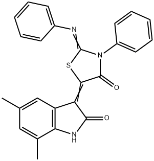 5,7-dimethyl-3-[4-oxo-3-phenyl-2-(phenylimino)-1,3-thiazolidin-5-ylidene]-1,3-dihydro-2H-indol-2-one 结构式