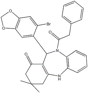 11-(6-bromo-1,3-benzodioxol-5-yl)-3,3-dimethyl-10-(phenylacetyl)-2,3,4,5,10,11-hexahydro-1H-dibenzo[b,e][1,4]diazepin-1-one 结构式