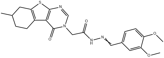 N'-(3,4-dimethoxybenzylidene)-2-(7-methyl-4-oxo-5,6,7,8-tetrahydro[1]benzothieno[2,3-d]pyrimidin-3(4H)-yl)acetohydrazide 结构式