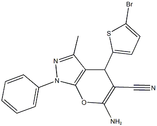 6-amino-4-(5-bromo-2-thienyl)-3-methyl-1-phenyl-1,4-dihydropyrano[2,3-c]pyrazole-5-carbonitrile 结构式