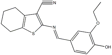 2-[(3-ethoxy-4-hydroxybenzylidene)amino]-4,5,6,7-tetrahydro-1-benzothiophene-3-carbonitrile 结构式