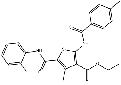 ethyl 5-{[(2-fluorophenyl)amino]carbonyl}-4-methyl-2-{[(4-methylphenyl)carbonyl]amino}thiophene-3-carboxylate 结构式