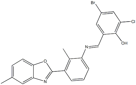 4-bromo-2-chloro-6-({[2-methyl-3-(5-methyl-1,3-benzoxazol-2-yl)phenyl]imino}methyl)phenol 结构式