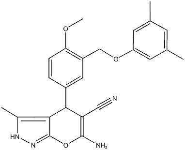 6-amino-4-{3-[(3,5-dimethylphenoxy)methyl]-4-methoxyphenyl}-3-methyl-2,4-dihydropyrano[2,3-c]pyrazole-5-carbonitrile 结构式