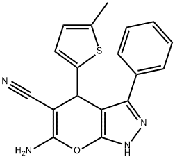 6-amino-4-(5-methyl-2-thienyl)-3-phenyl-1,4-dihydropyrano[2,3-c]pyrazole-5-carbonitrile 结构式