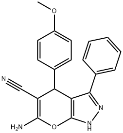 6-amino-4-(4-methoxyphenyl)-3-phenyl-2,4-dihydropyrano[2,3-c]pyrazole-5-carbonitrile 结构式