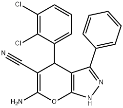 6-amino-4-(2,3-dichlorophenyl)-3-phenyl-2,4-dihydropyrano[2,3-c]pyrazole-5-carbonitrile 结构式