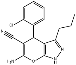 6-amino-4-(2-chlorophenyl)-3-propyl-1,4-dihydropyrano[2,3-c]pyrazole-5-carbonitrile 结构式