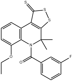 6-ethoxy-5-(3-fluorobenzoyl)-4,4-dimethyl-4,5-dihydro-1H-[1,2]dithiolo[3,4-c]quinoline-1-thione 结构式