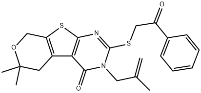 6,6-dimethyl-3-(2-methyl-2-propenyl)-2-[(2-oxo-2-phenylethyl)sulfanyl]-3,5,6,8-tetrahydro-4H-pyrano[4',3':4,5]thieno[2,3-d]pyrimidin-4-one 结构式