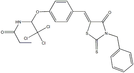 N-(1-{4-[(3-benzyl-4-oxo-2-thioxo-1,3-thiazolidin-5-ylidene)methyl]phenoxy}-2,2,2-trichloroethyl)propanamide 结构式