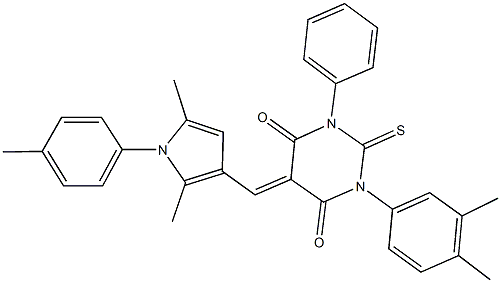 5-{[2,5-dimethyl-1-(4-methylphenyl)-1H-pyrrol-3-yl]methylene}-1-(3,4-dimethylphenyl)-3-phenyl-2-thioxodihydro-4,6(1H,5H)-pyrimidinedione 结构式